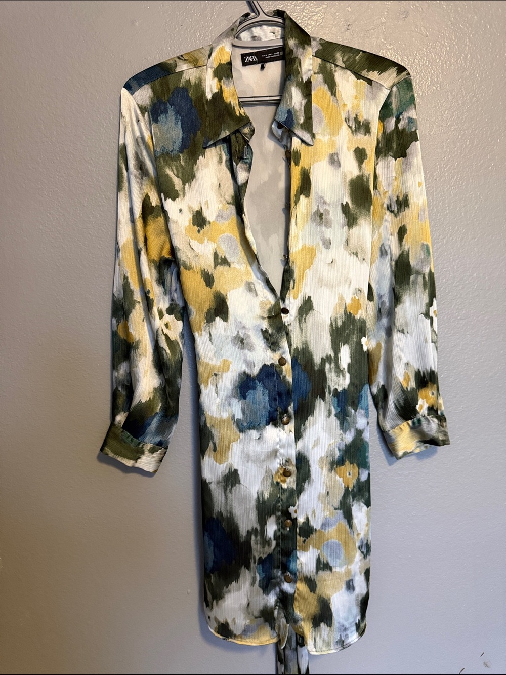 Zara White Green Blue Yellow Printed Button-Front Long Sleeve Dress
